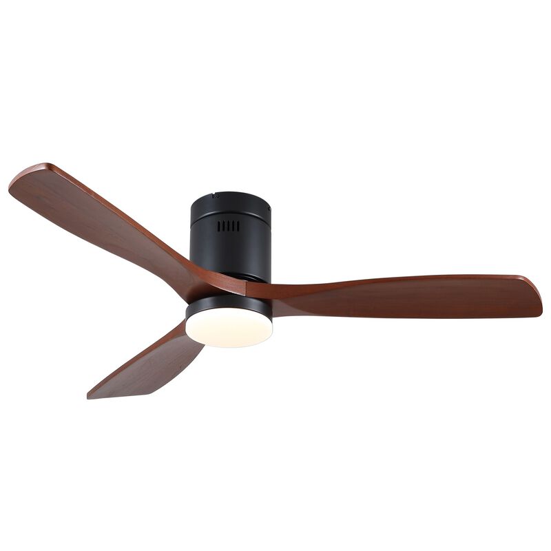 ELEMENT ACE 52 Inch Modern Matte Black Farmhouse Retro Solid Wood Low Profile Flush Mount Integrated LED Ceiling Fan with Light image number 0