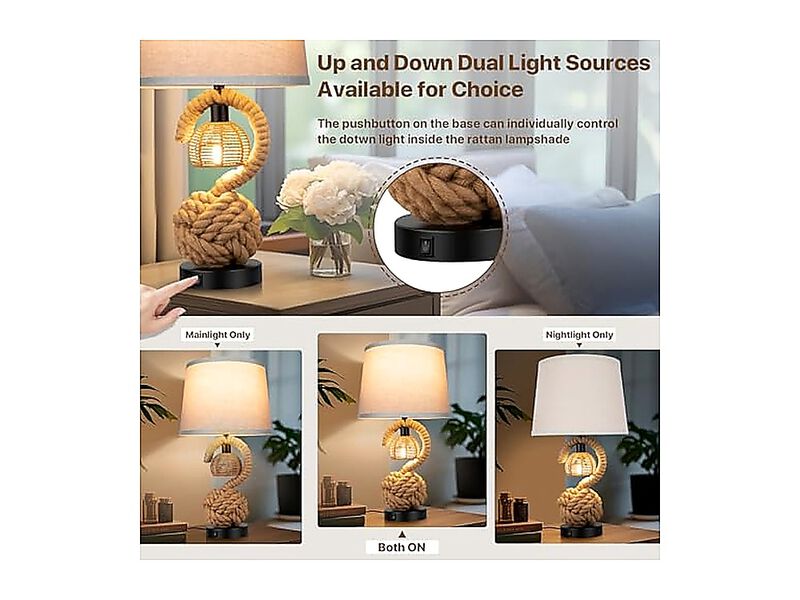 22 Rope Lamps Night Stands Dual Lights Bedside Set 2 Boho Table Living Room image number 3