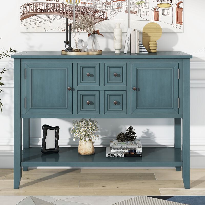 Whisen Vintage Console Table with Four Small Drawers and Bottom Shelf for Living Rooms, Entrances and Kitchens - Retro Blue