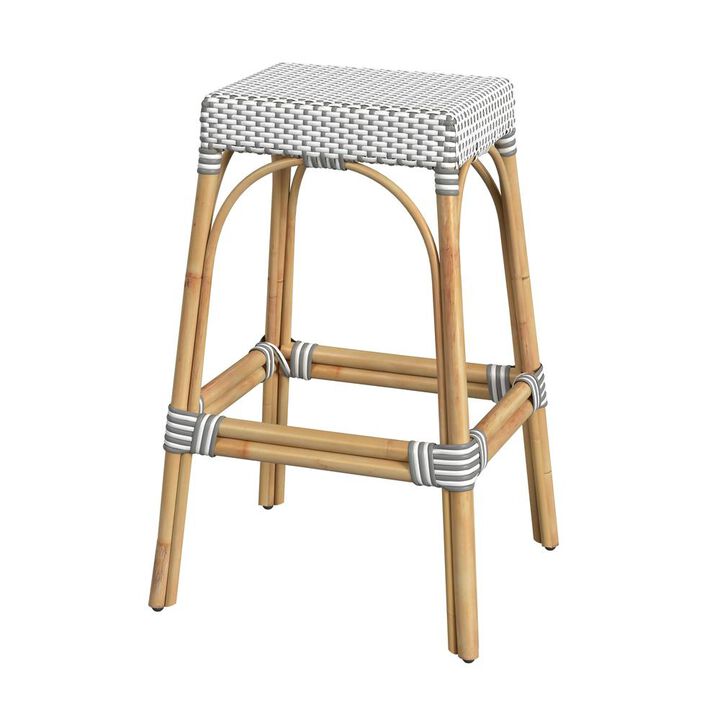 Butler Specialty Robias Rectangular Rattan 30 Bar Stool, Gray and White Dot