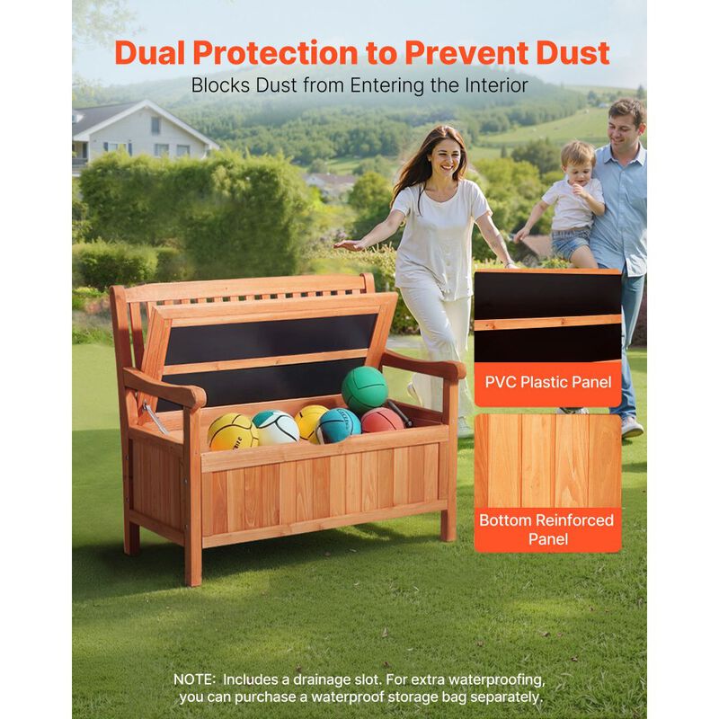 Outdoor Storage Bench, 2-Person Wooden Deck Box with Side Handles, Weatherproof image number 4