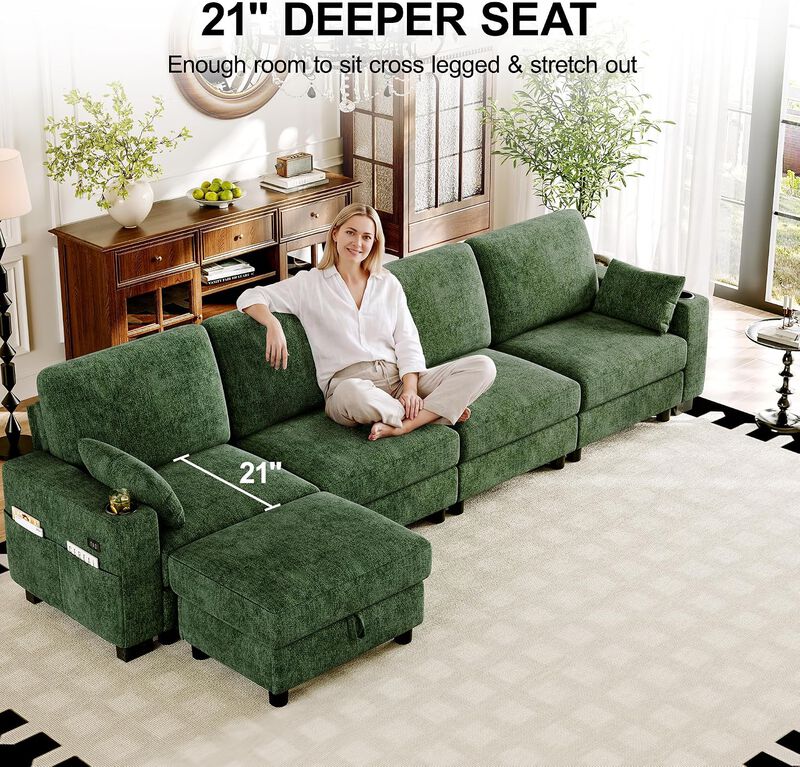 Vipbear 128 Inch Modular Sectional Sofa, Comfy Chenille 5 Seater L Shaped Cloud Couch with Ottoman image number 5