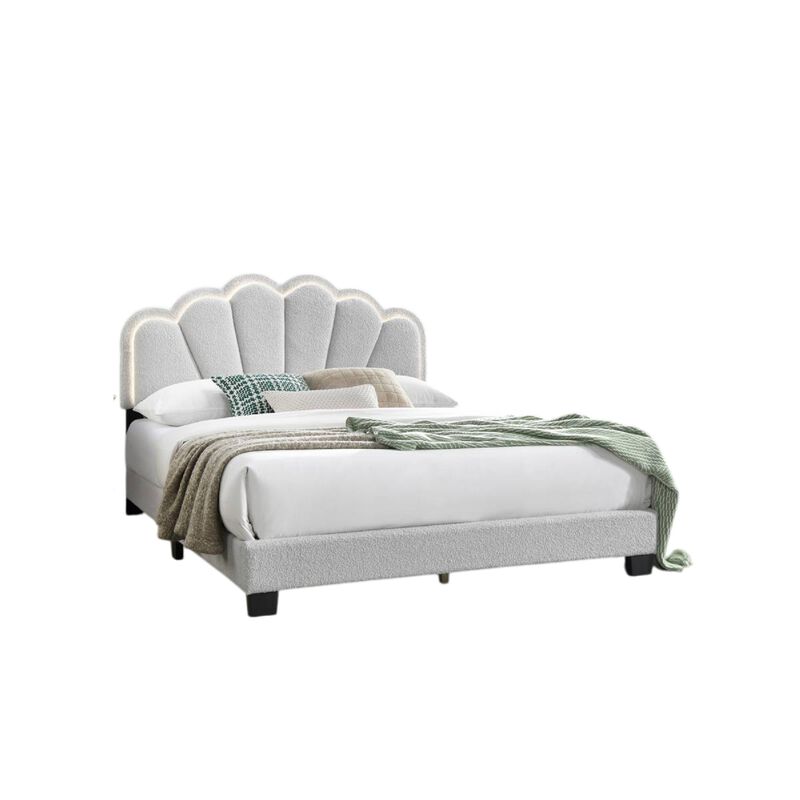 Geny Queen Size Bed, Classic White Wool Upholstery and LED, Glam Arch - Benzara