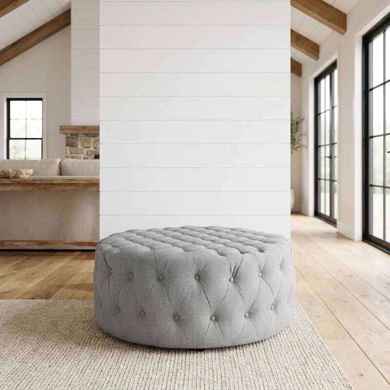 Light Gray Fabric Ottoman, Neutral Soft Upholstered Seat for Room image number 3