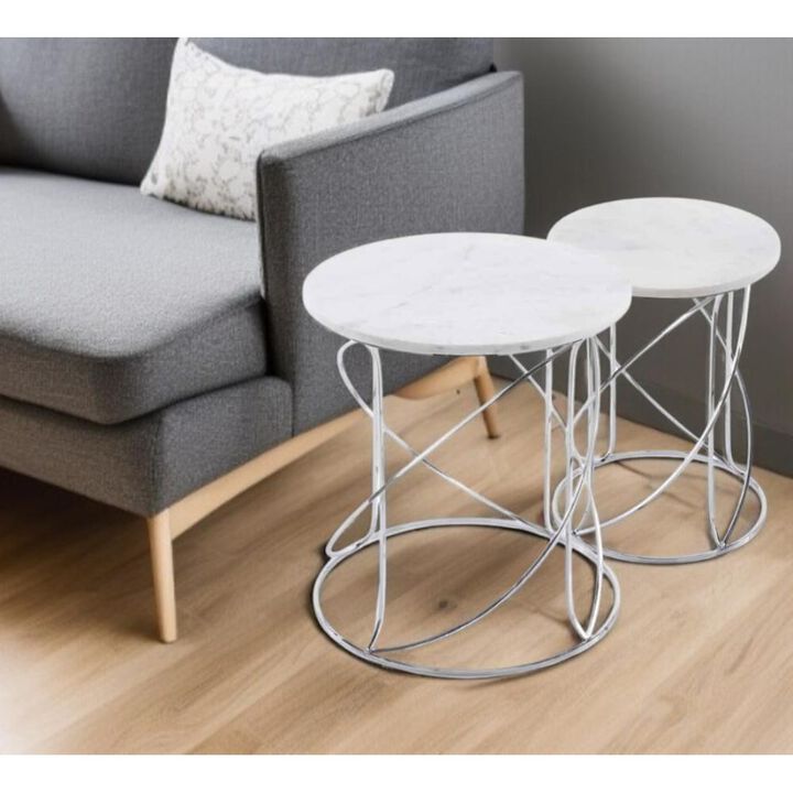 Hivvago Set of Two White and Silver Marble and Metal Round Pedestal End Tables
