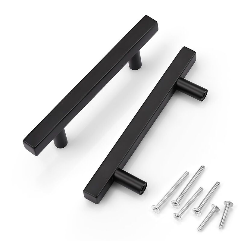 KNOBWELL 5 Pack 3-1/2"" Matte Black Cabinet Pulls, Stainless Steel Euro Style Cabinet Pull Handles for Kitchen Cabinet Cupboard