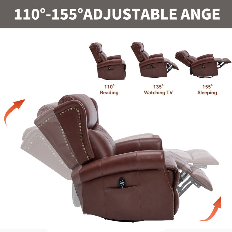 Genuine leather Heat Massage Manual Recliner Chair with Rocker and Swivel for Living Room image number 6
