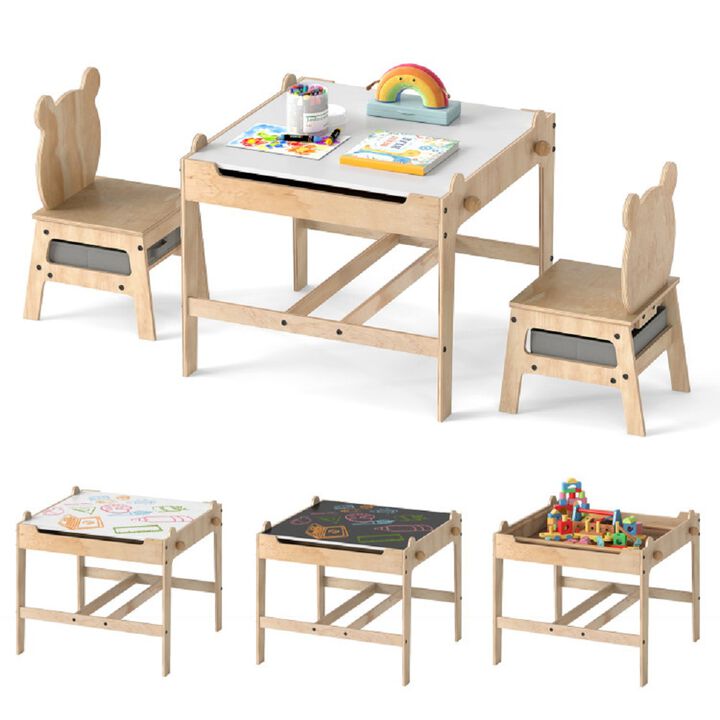 Children&rsquo;s Table and Chair Set with Reversible Whiteboard Top-Natural