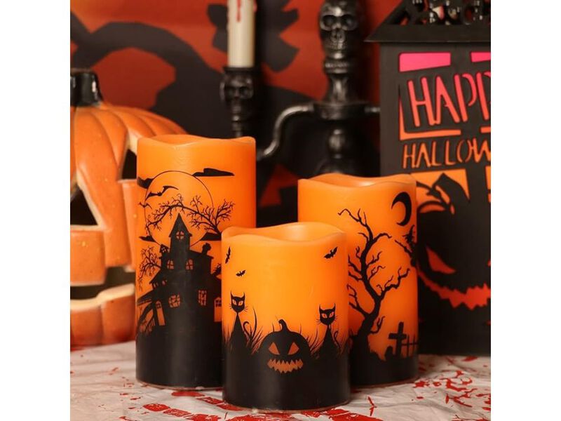 Set of 3 Halloween Flickering Flameless Candles &ndash; Real Wax LED with 6-Hour Timer for Indoor Decor & Gifting image number 2
