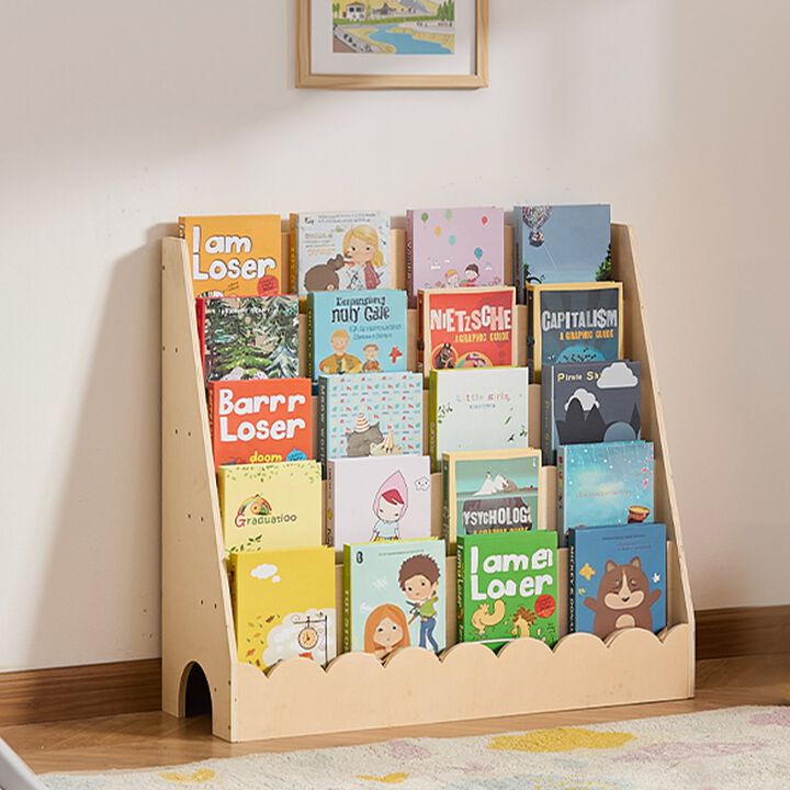 5-Tier Natural Kids Bookshelf with Front-Facing Storage and Dual Hanging Hooks