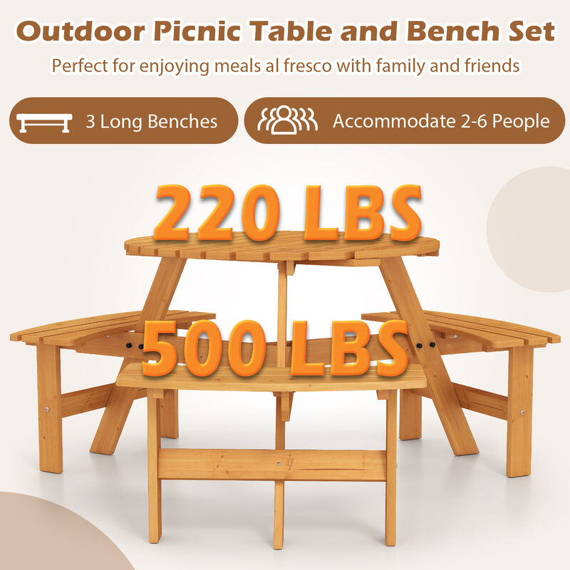 Outdoor Round Picnic Table Set with Umbrella Hole and Seating for 6