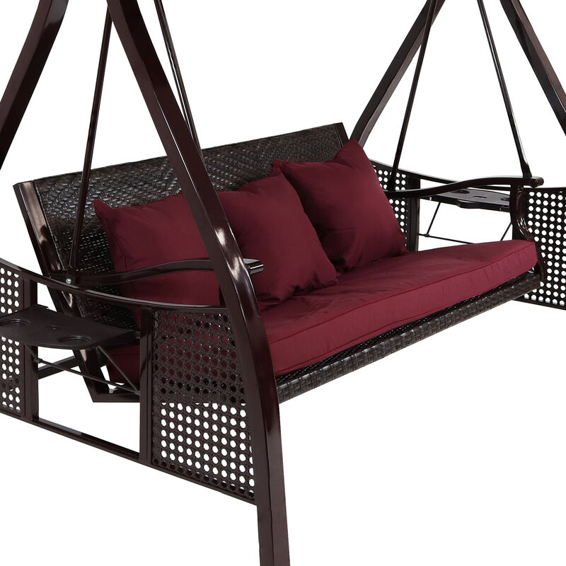 Sunnydaze 3-Person Steel Patio Swing Bench with Side Tables/Canopy - Merlot