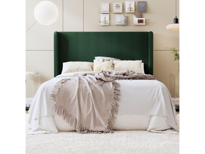 Queen Corduroy Platform Bed &ndash; Tufted Wingback Headboard with 8" Storage & Slat Support image number 1