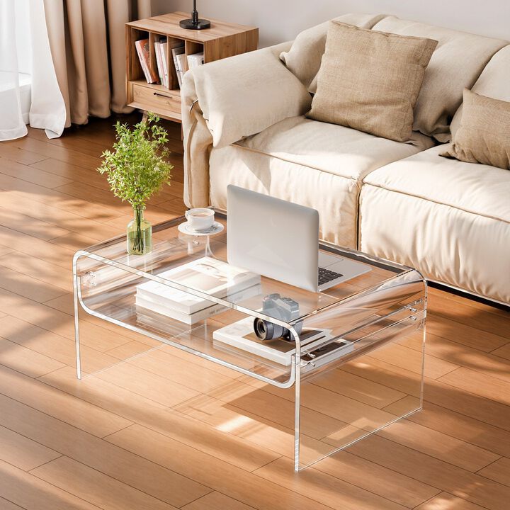 Modern Acrylic Coffee Table 2 Tier Rectangle with Storage Shelf