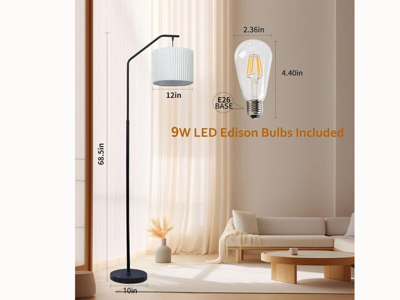 Tall Floor Lamp &ndash; 68" Swing Head, Pleated Shade, 9W Edison LED, Foot Switch