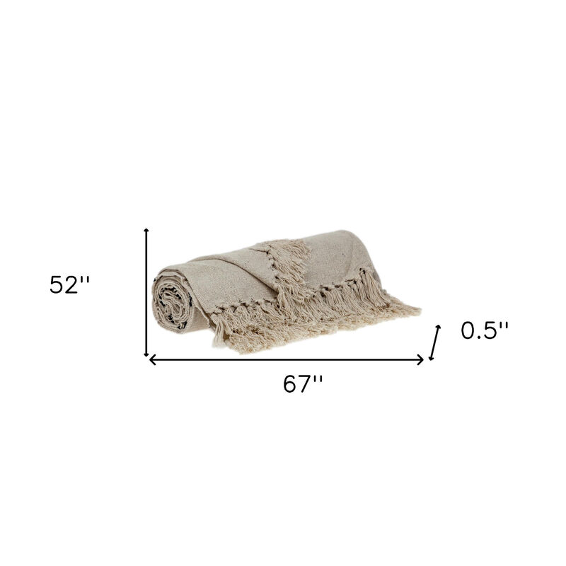 HomeRoots 52" X 67" Beige and Black Woven Cotton Striped Throw Blanket with Tassels image number 5