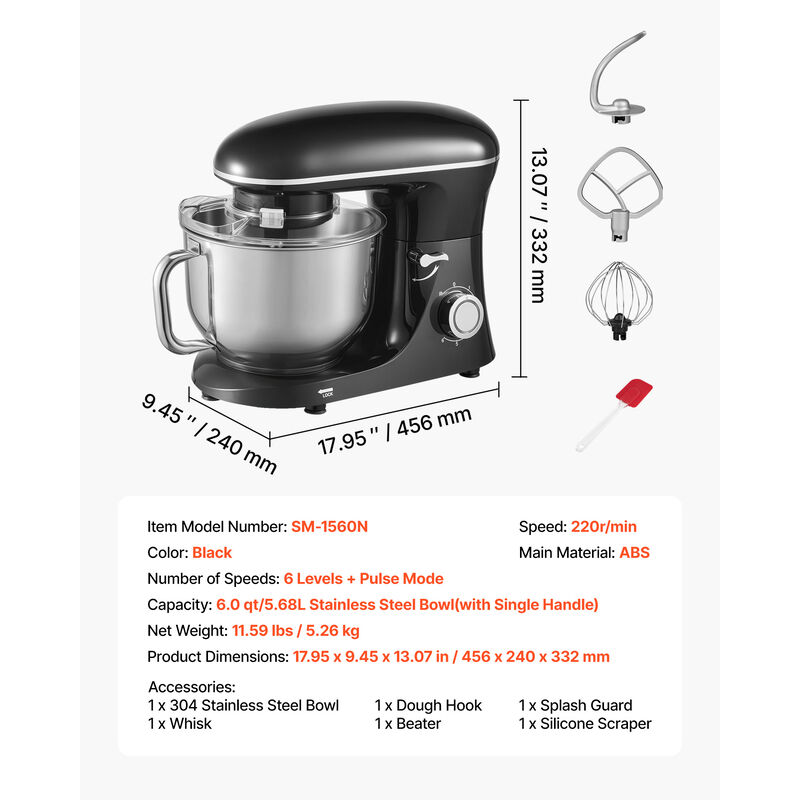 VEVOR Stand Mixer, 6 QT Dough Mixer, 660W 6 + P Speeds Tilt-head Food Mixer with Stainless SteelBowl, Dough Hook, Wire Whip, Flat Beater, Scraper,Household Stand Mixer for Baking & Mixing, Black