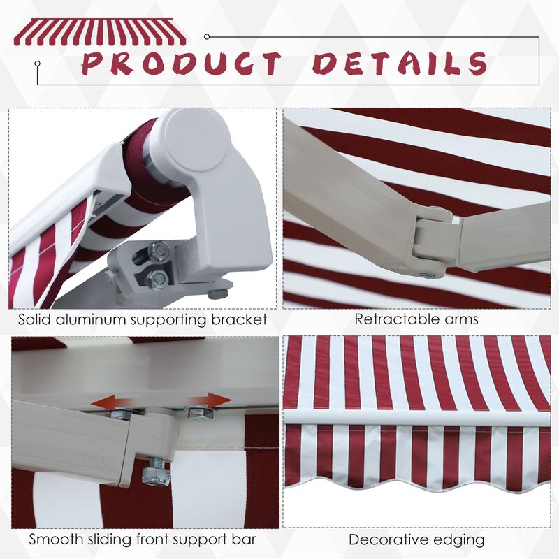 10' x 8' Manual Retractable Awning Sun Shade Shelter for Patio Deck Yard with UV Protection and Easy Crank Opening, Red Stripe