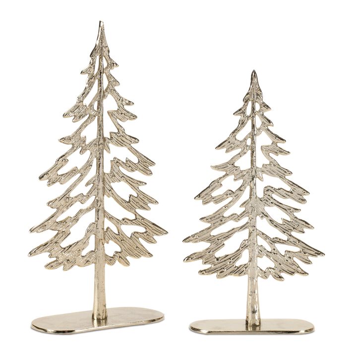 Set of 2 Metal Holiday Trees with Wooden Base &ndash; Minimalist Christmas Tabletop Decor for Mantel or Shelf