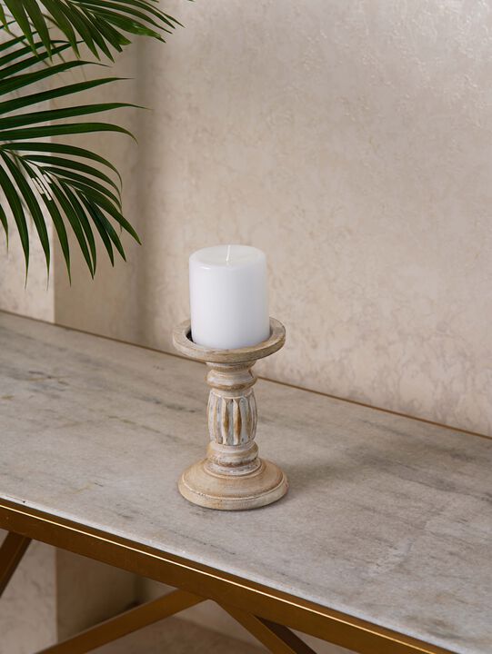 Traditional Antique White Eco-friendly Handmade Mango Wood Set Of One 6" Pillar Candle Holder