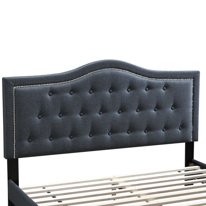 Button Tufted Queen Burlap Bed with Curved Headboard, Charcoal Gray-Benzara