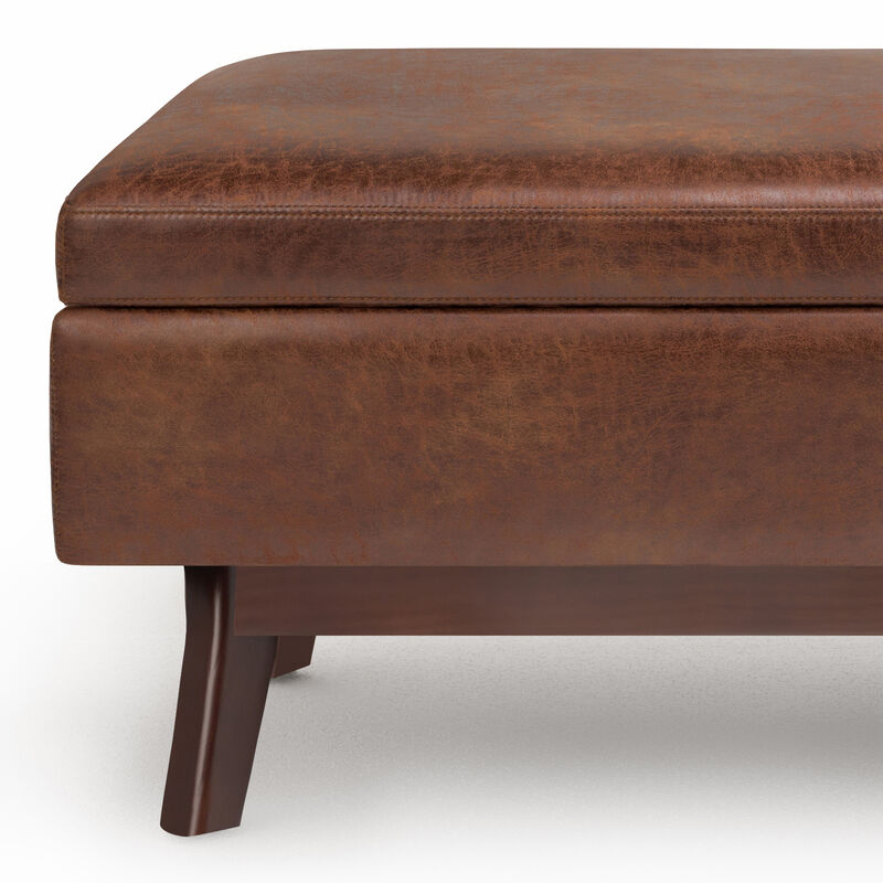 Owen Small Rectangular Storage Ottoman in Distressed Saddle Brown Faux Air Leather