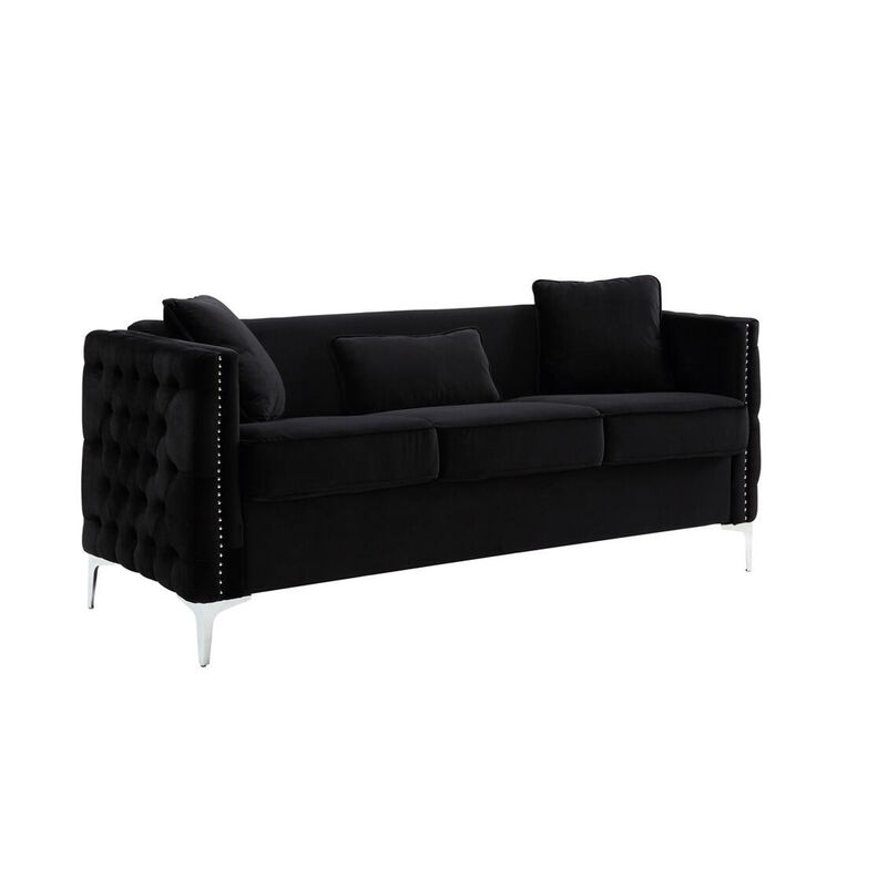 Joel Modern Sofa with 3 Pillows, Tufted Black Velvet, Silver Legs-Benzara