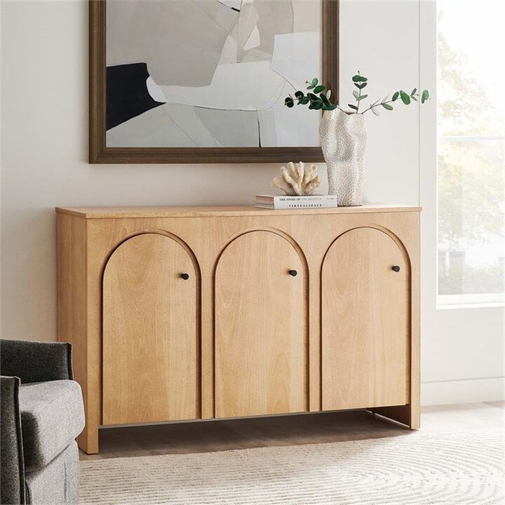 Modway Appia 53.4 Inch 3 Door Storage Cabinet in Oak Wood Veneer - Arched Door Accent Credenza - Modern Sideboard - Adjustable Shelf Buffet - Mid-Century Storage Furniture - Console TV Stand
