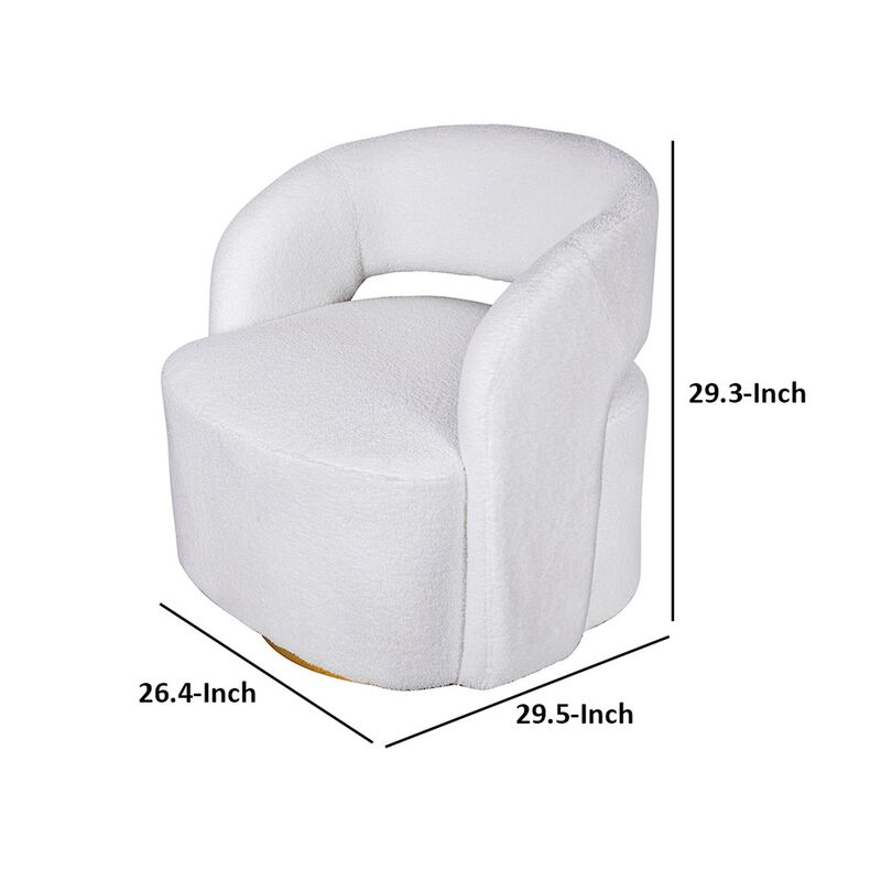 Xion 30 Inch Swivel Accent Chair, White Fabric Upholstery, Gold Iron Base
