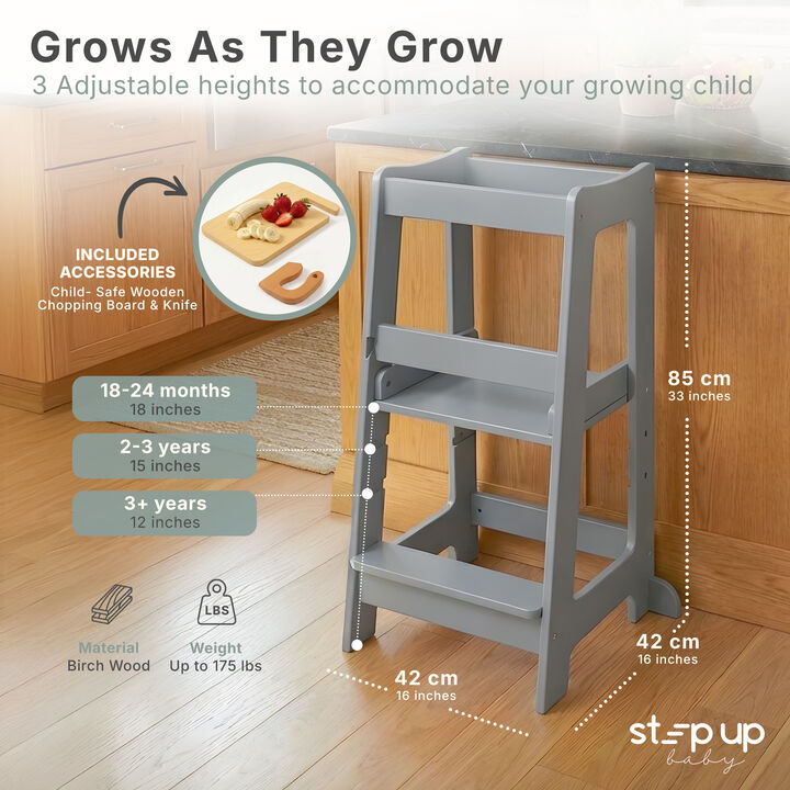 Stepup Baby&reg; Adjustable Toddler Tower - Gray Wooden Step Stool for Kids | Toddler Standing Tower with Child-safe Chopper & Chopping Board for 18M-4Y