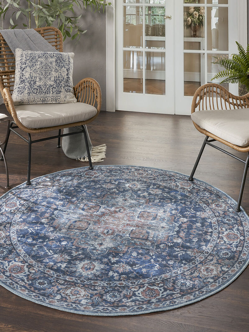 Machine Washable Series 1 SR101 Ivory/Navy 5'3" x Round Rug