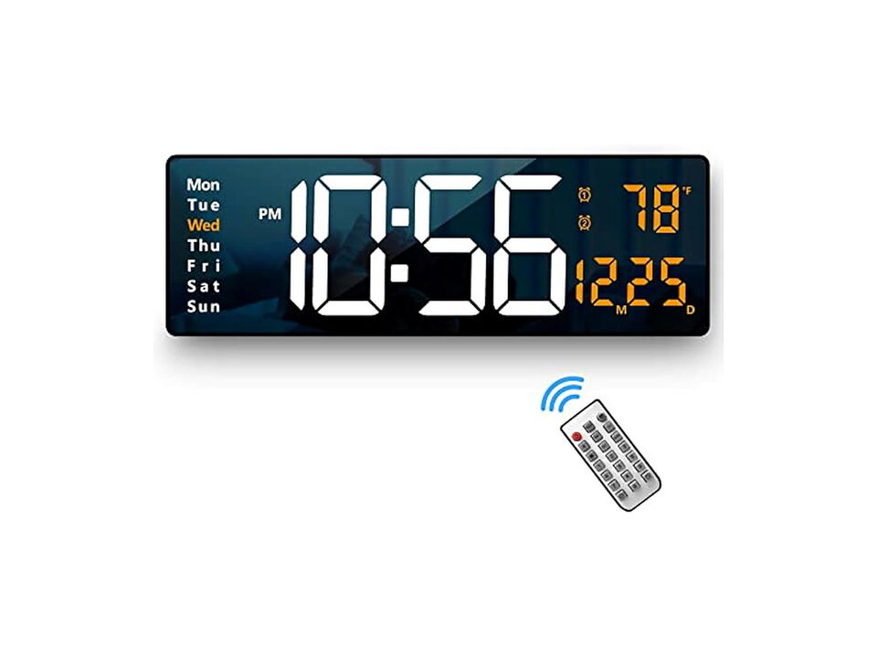 Digital Display LED Remote Control Wall Clock 2 Inch Orange Living Room Decor