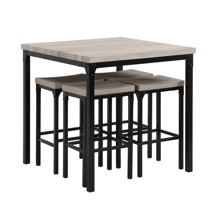 36 Inch 5 Piece Counter Height Dining Table and Stool Set, Square Wood Top, Iron Frame, Gray, Black-Benzara