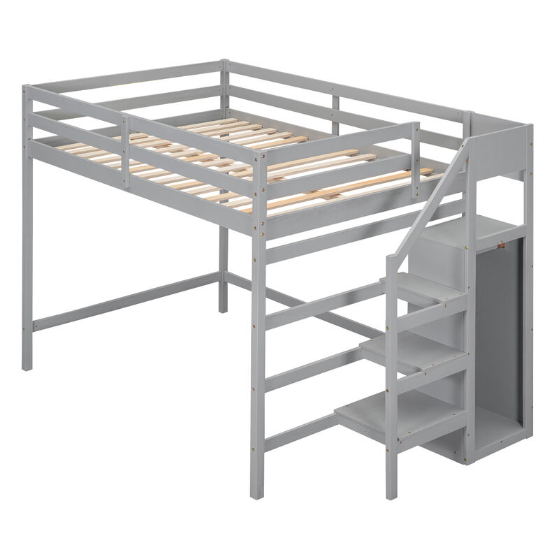Whisen Wood Full Size Loft Bed with Built-in Storage Wardrobe and Staircase - Gray