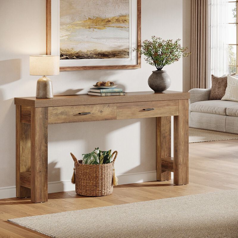Tribesigns Country Rustic Wood Console Table with Drawers image number 2