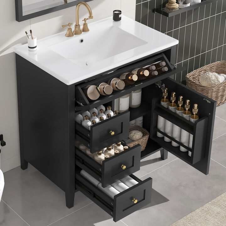Merax Bathroom Storage Vanity with 3 Left Drawers, Right Cabinet with Adjustable Shelves