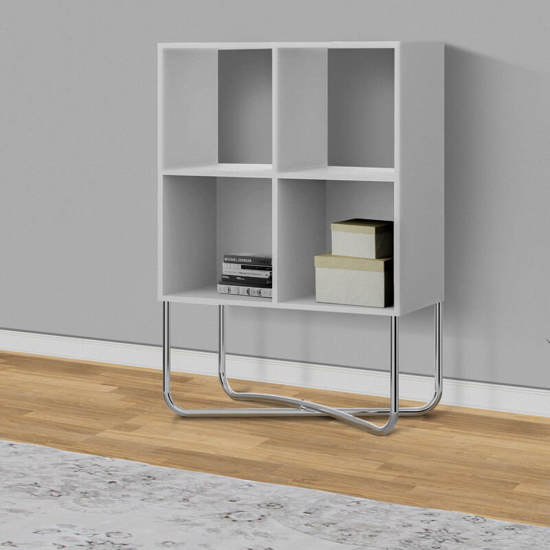 Multipurpose Storage Shelf with 4 Open Compartments, White and Chrome-Benzara image number 1