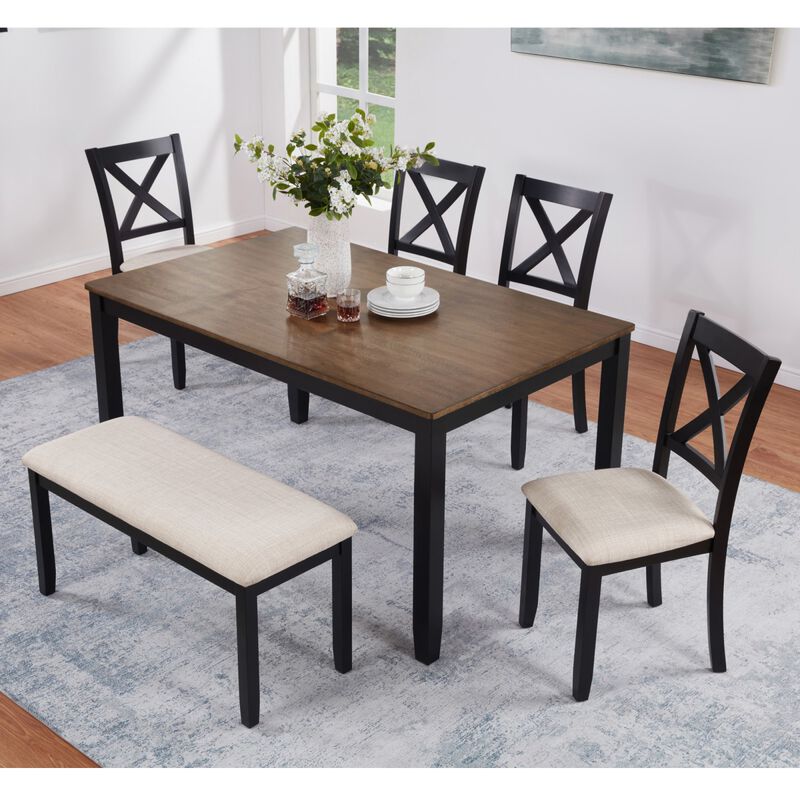 6 Piece Dining Table Set with Bench, rectangular wood dining table set for 6, farmhouse dining table set, timeless dining furniture image number 3
