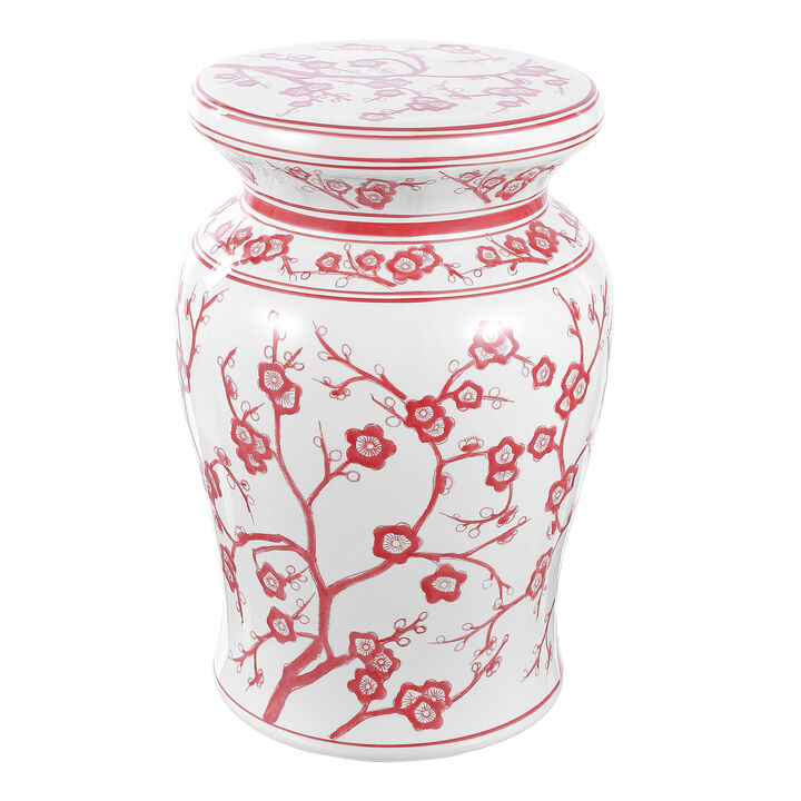 Cherry Blossom 17.75" Ceramic Garden Stool, White/Red