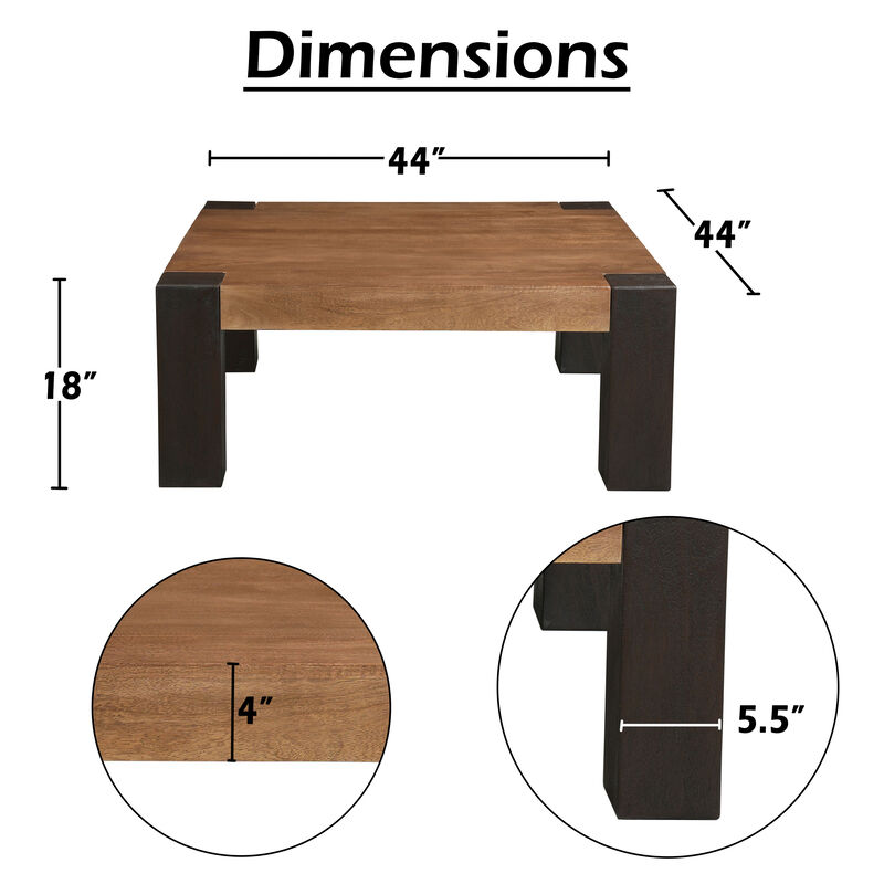 Kisa 44 Inch Square Coffee Table, Sandblasted Block Legs, Coffee Brown Mango Wood image number 3