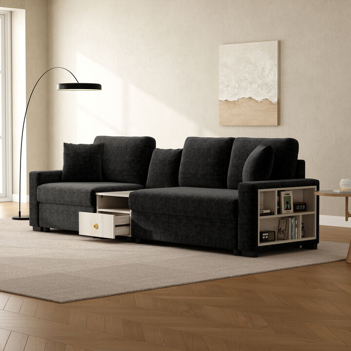 Merax Functional Chenille Sofa with Storage Armrest & Center Console