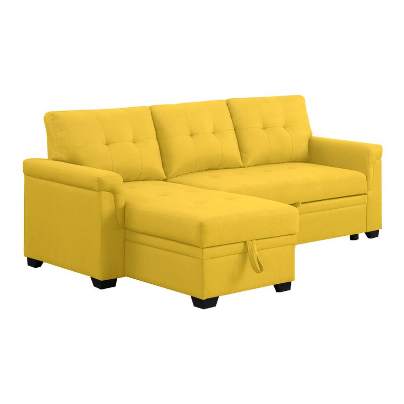 Elliot 84 Inch Sleeper Sectional Sofa with Storage Chaise, Yellow Fabric-Benzara image number 1
