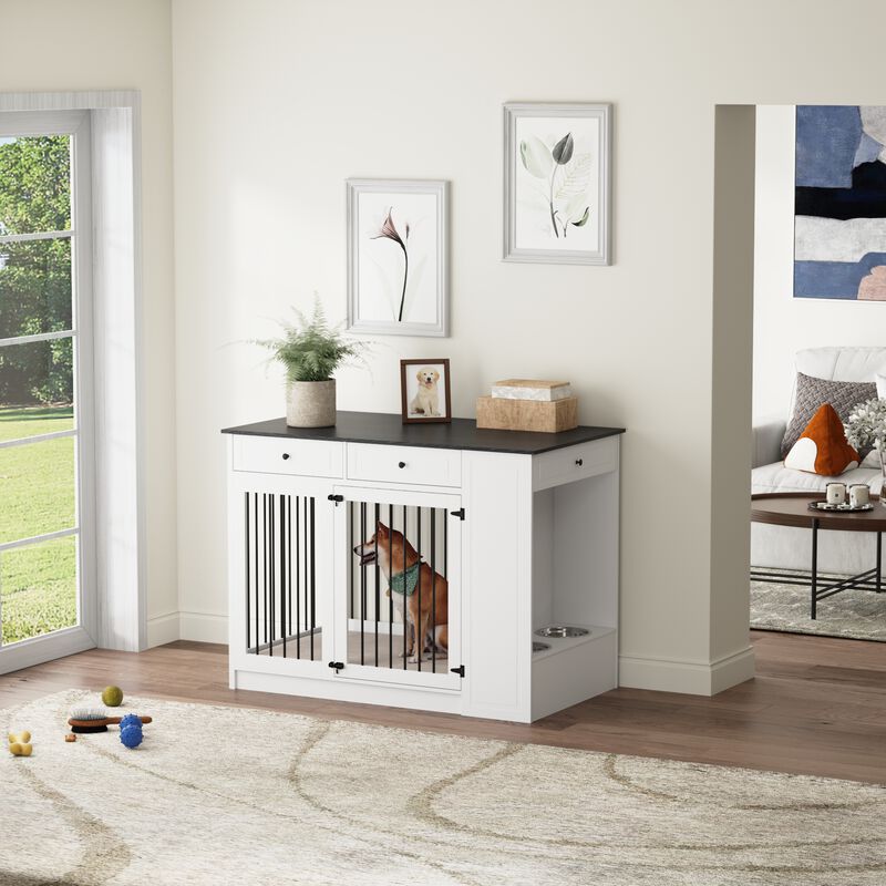 Wooden Heavy-Duty Dog House Crate, Decorative Dog Kennel Furniture Dog Cage with Three Drawers and Dog Bowls, White