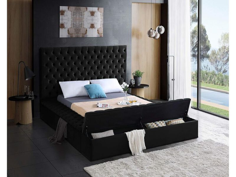 Furniture Bliss King Upholstered Bed &ndash; Velvet Platform with Tufted Storage Rails, Black image number 2