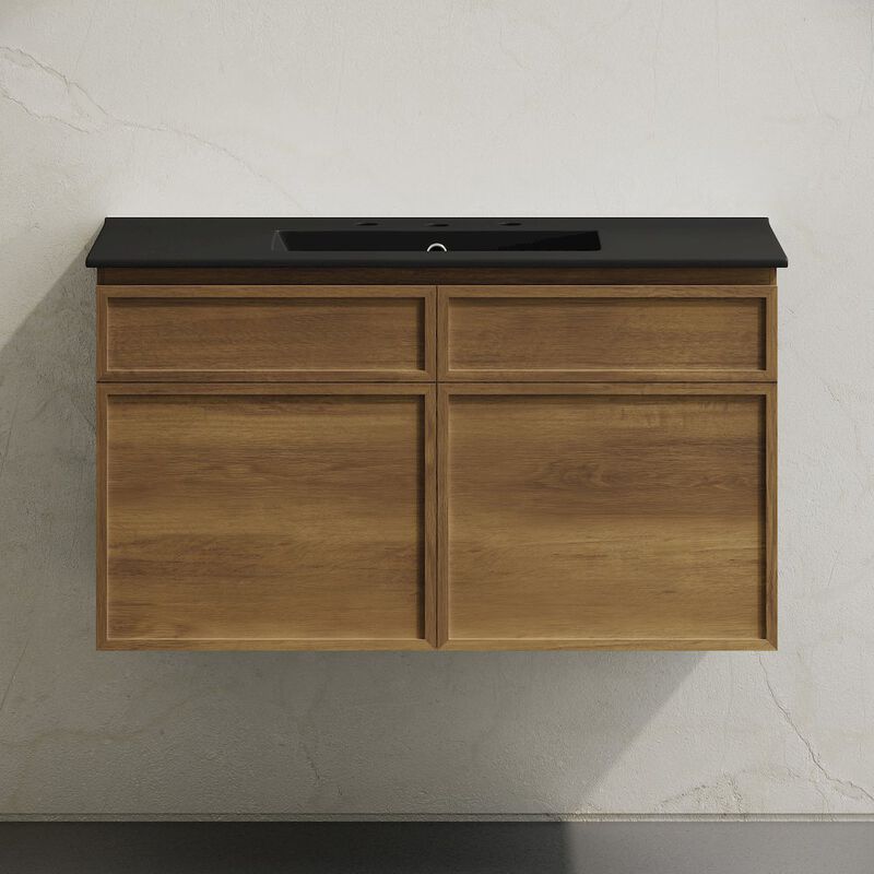 36" Wall-Mounted Bathroom Vanity in Brown Oak, Black 3-Hole Widespread Sink Top image number 4