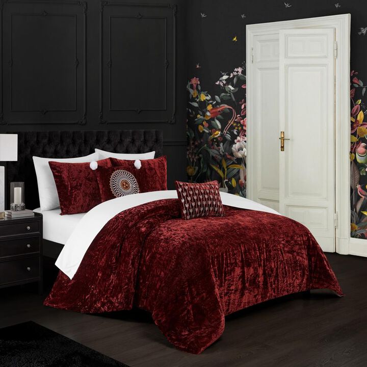 Chic Home Alianna Comforter Set Crinkle Crushed Velvet Bed In A Bag - Sheet Set Decorative Pillow Shams Included - 9-Piece - King 104x92", Burgundy