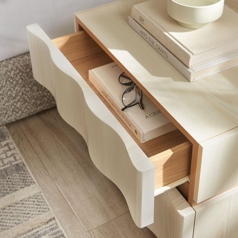 Modway Isola 22 Inch Wood Nightstand in White Light Oak - Accent Side End Table with 2 Wave Front Drawers for Bedroom or Living Room Storage image number 4