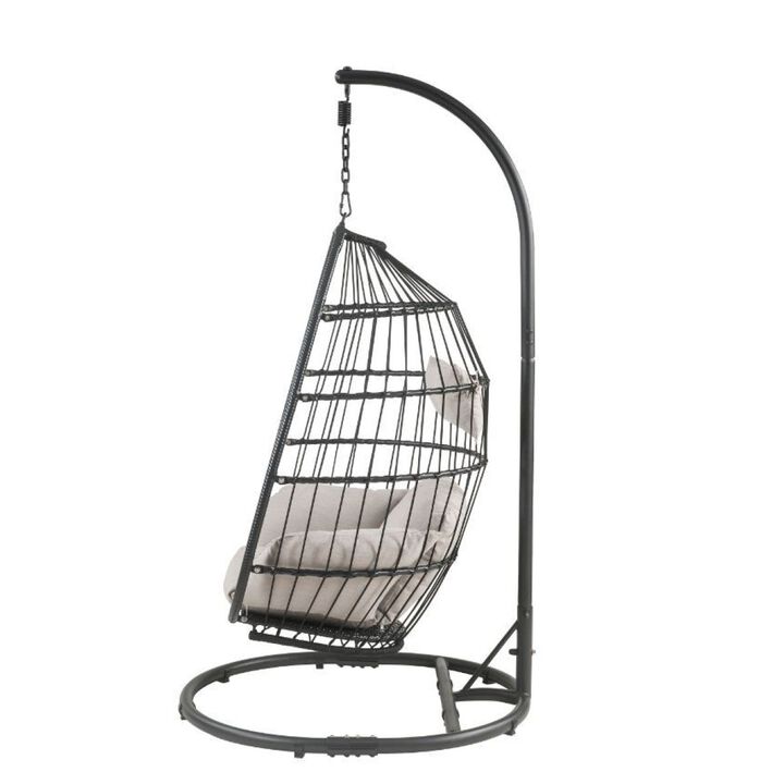 Oldi Patio Hanging Chair with Stand, Beige Fabric & Black Wicker