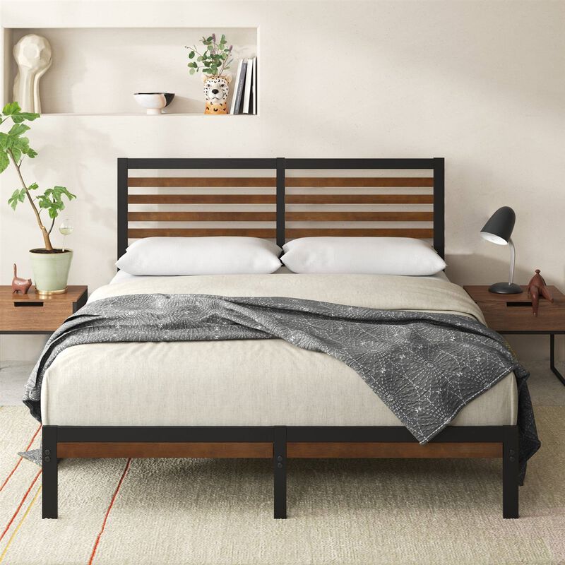 Boho Metal Platform Bed Frame – Wicker and Wood Slat Headboard and Footboard for Natural Style