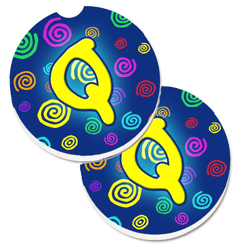 Caroline's Treasures Letter Q Initial Monogram - Blue Swirls Set of 2 Cup Holder Car Coasters CJ1011-QCARC, 2.56, Multicolor